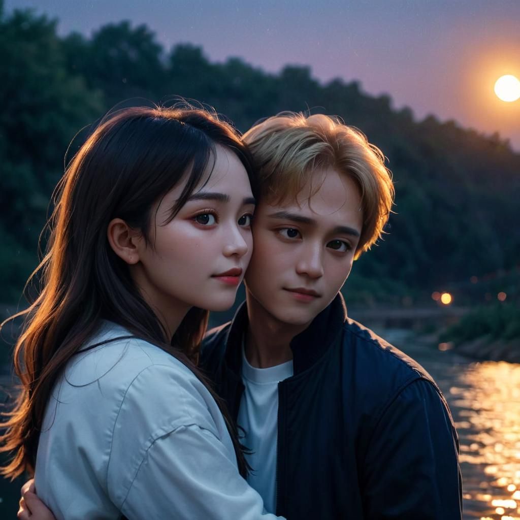 Romantic River Embrace in Moonlight