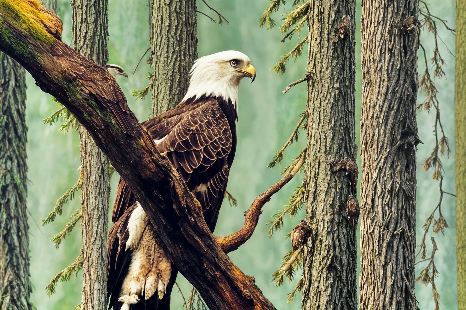 Bald Eagle, Golden Eagle, and Osprey on Fir Branch