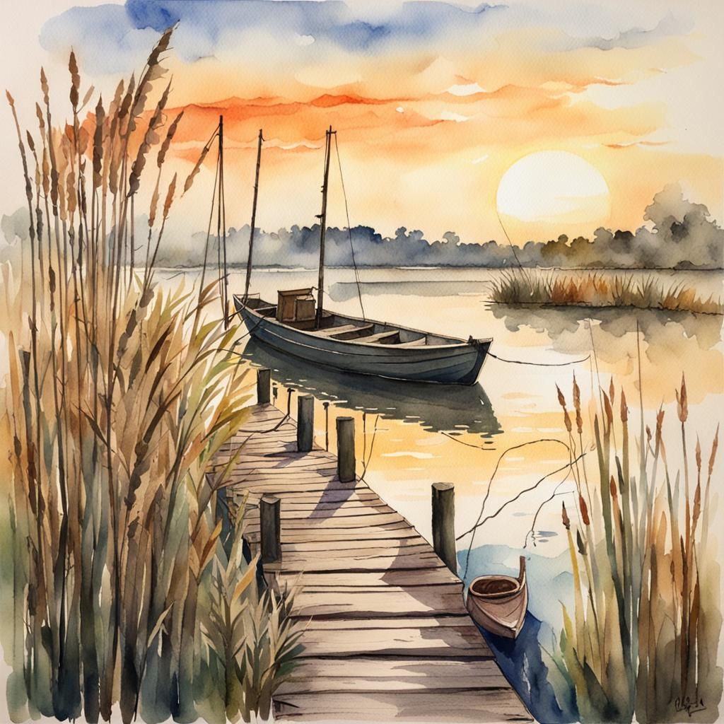 Watercolor Painting of Boats on Lake at Sunset