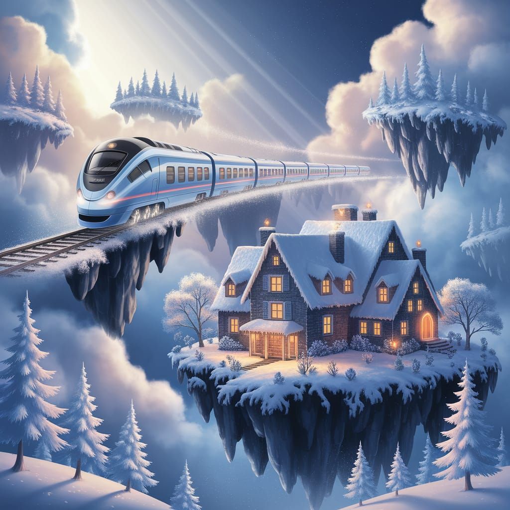 Crystal Train in Snowy Forest: Digital Art