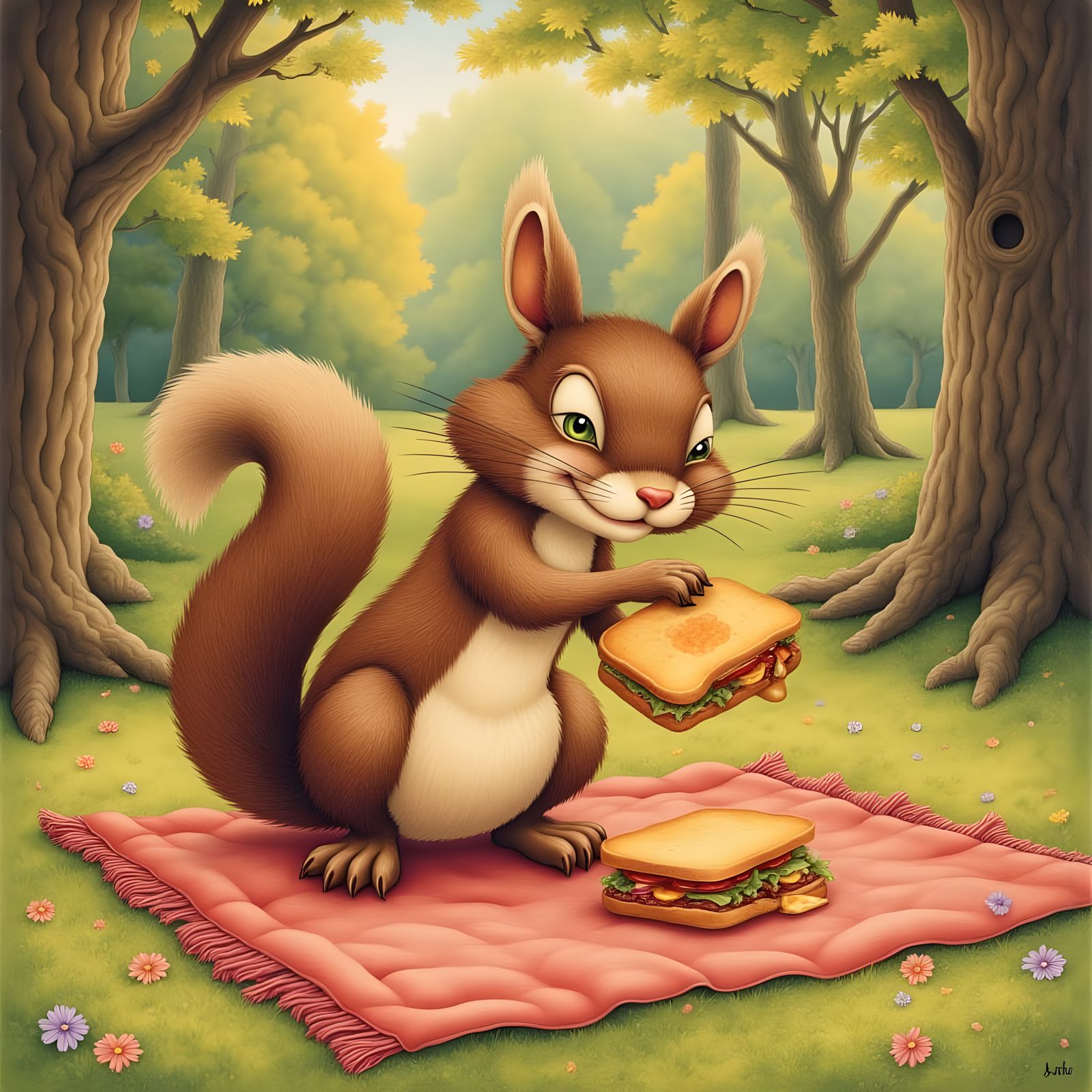 Vibrant Surrealist Squirrel Steals Food in Whimsical Scene