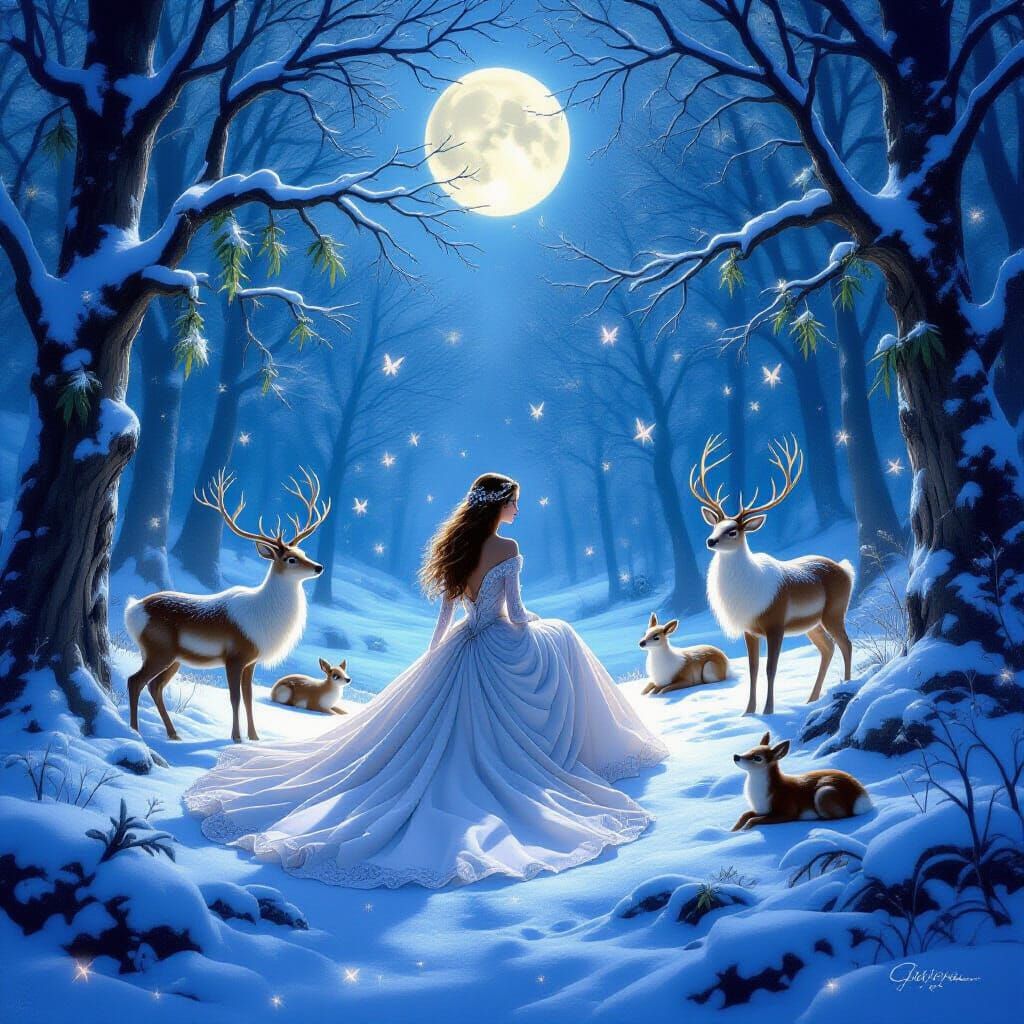 Enchanting Winter Forest Scene With Woman in Flowing Gown
