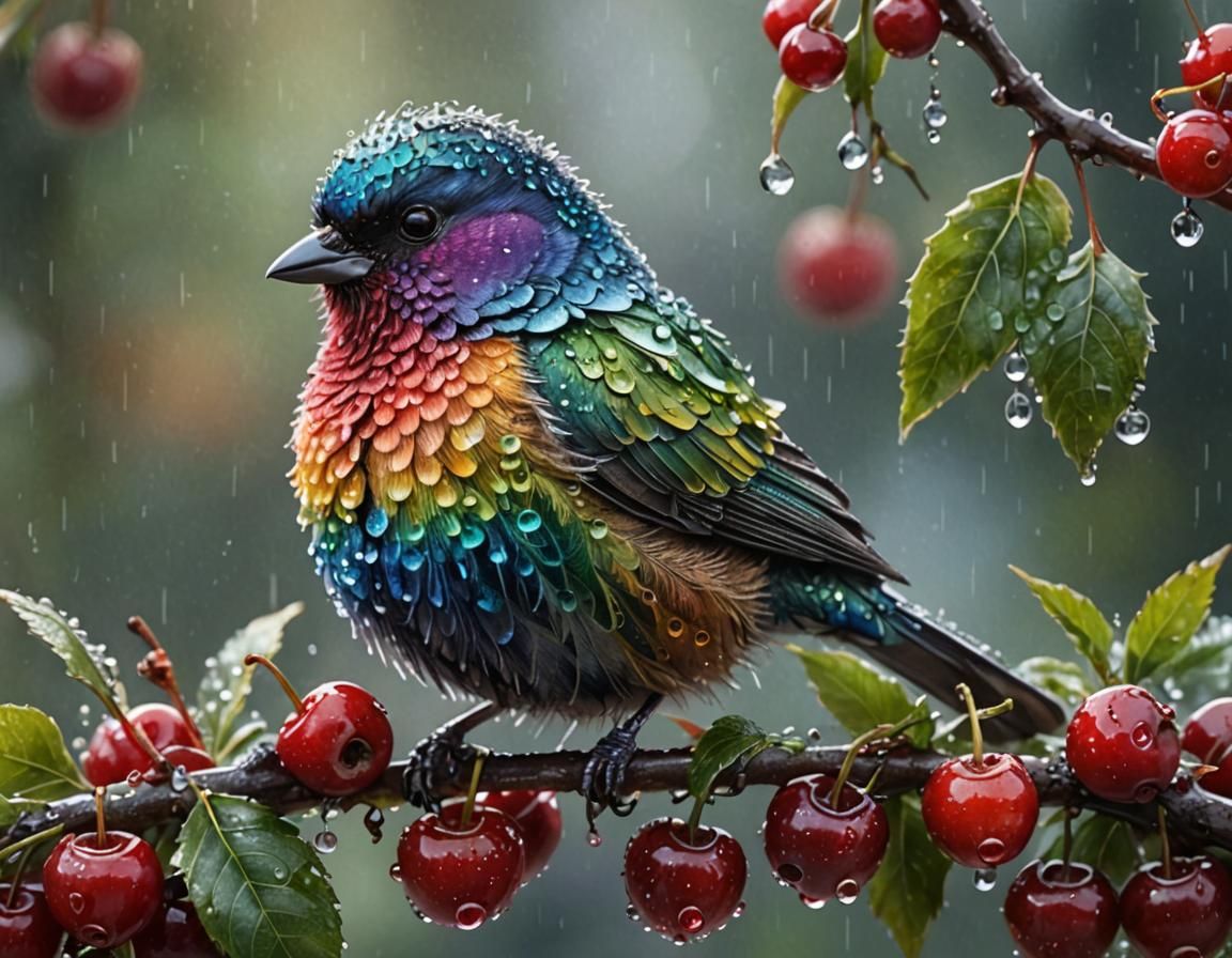 Rainbow Songbird with Cherries in Ethereal Light