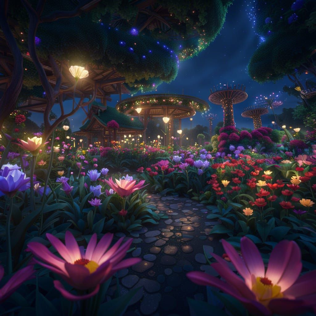 Singapore Flower Garden at Night: Detailed Digital Painting