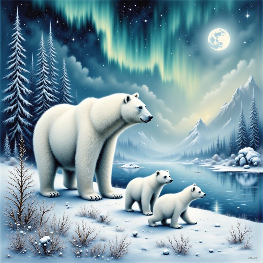 Polar Bears and Cubs in Ethereal Winter Wonderland