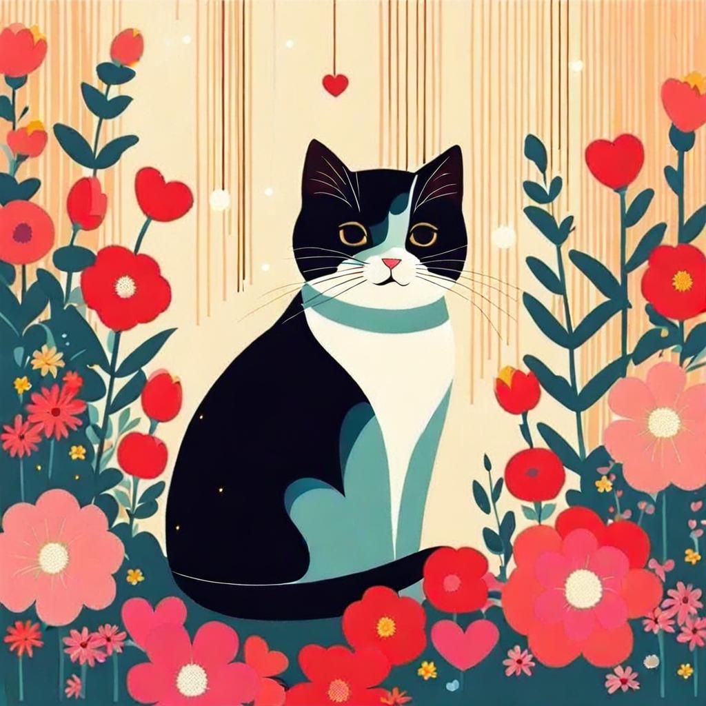 Cute Cat Surrounded by Flowers Illustration
