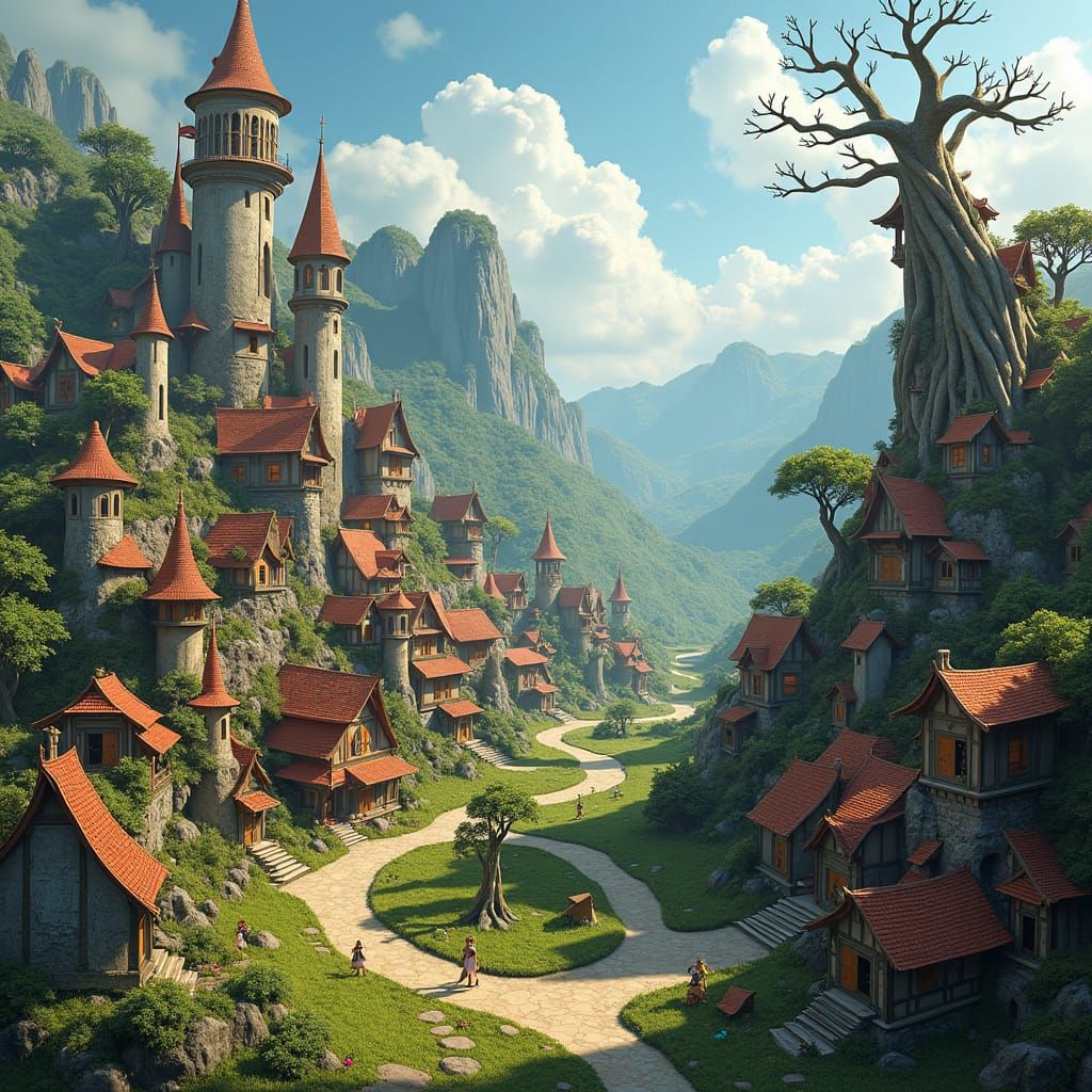 Whimsical Village in Lush Valley: 3D Matte Painting