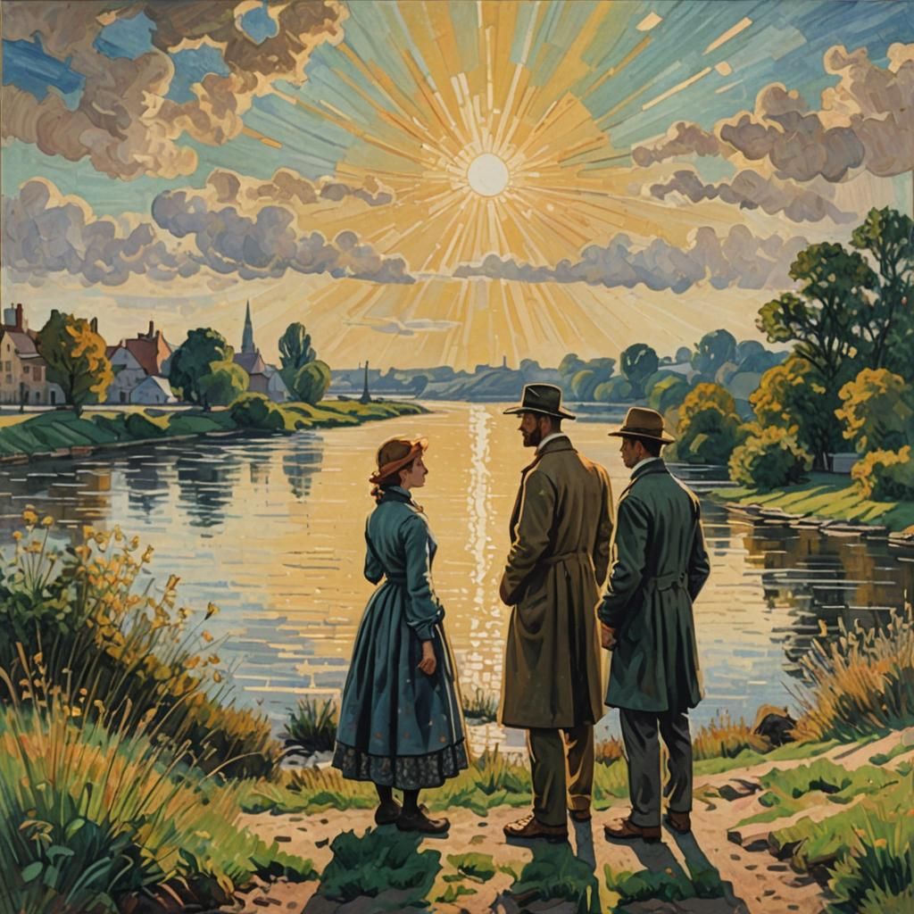 Intricate Post-Impressionistic River Scene with Sunshine