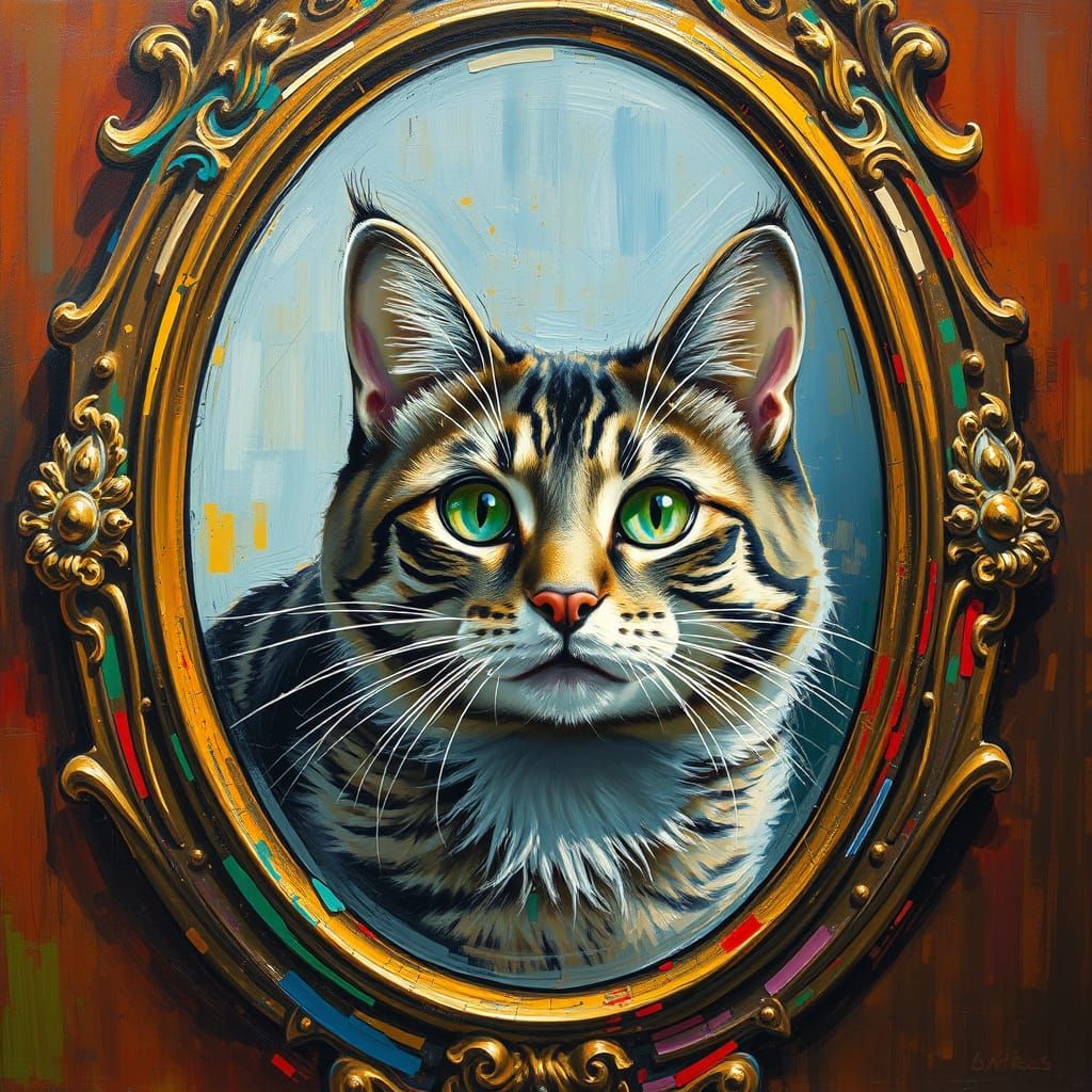 Majestic Cat Contemplates in Gilded Mirror