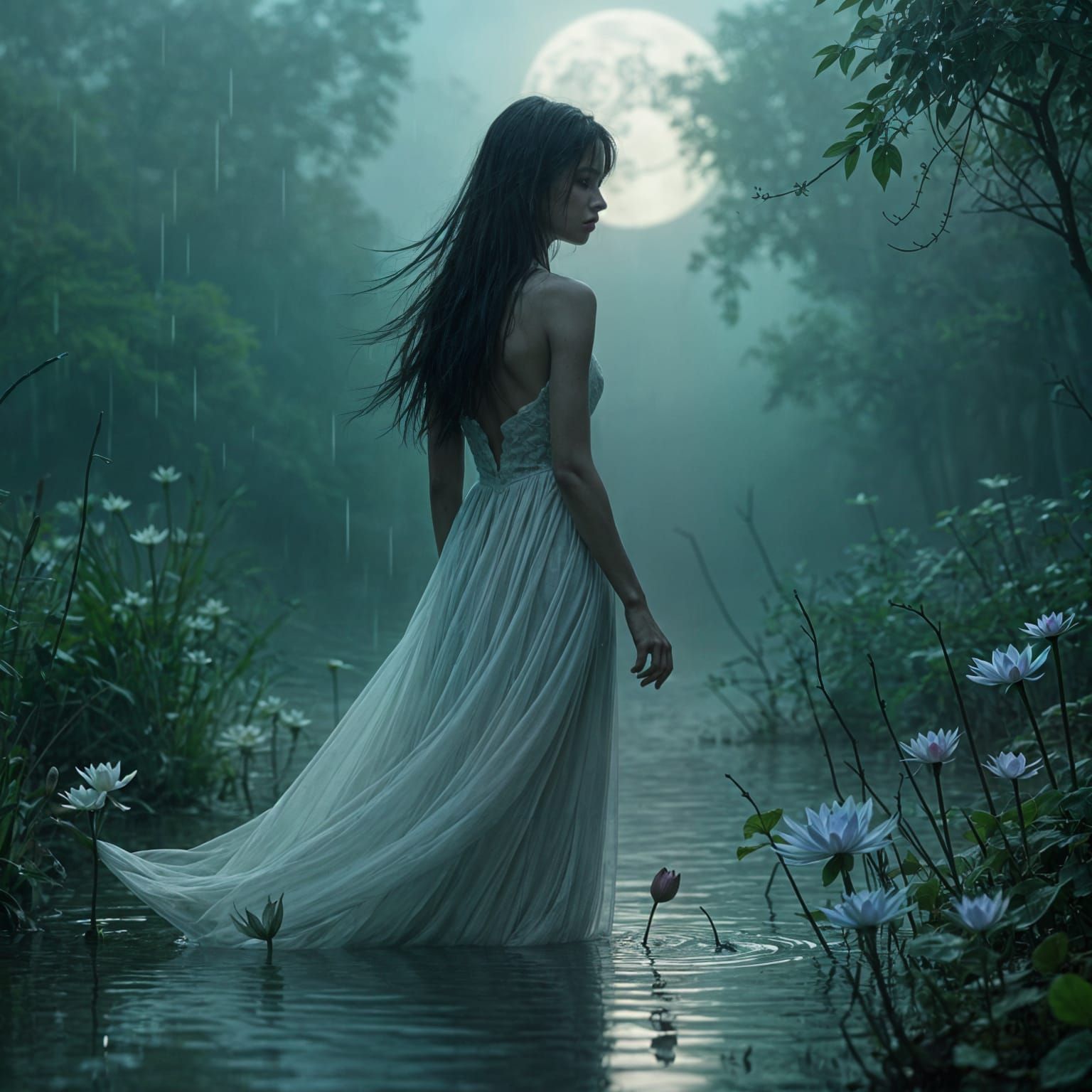 Mysterious Woman in Moonlit Swamp