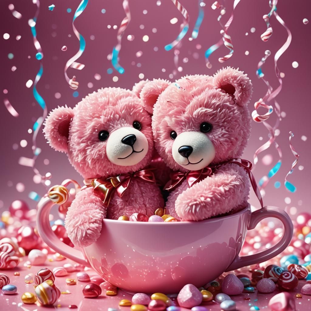 Pink Teddy Bears Hugging in Candyland, Candy Art