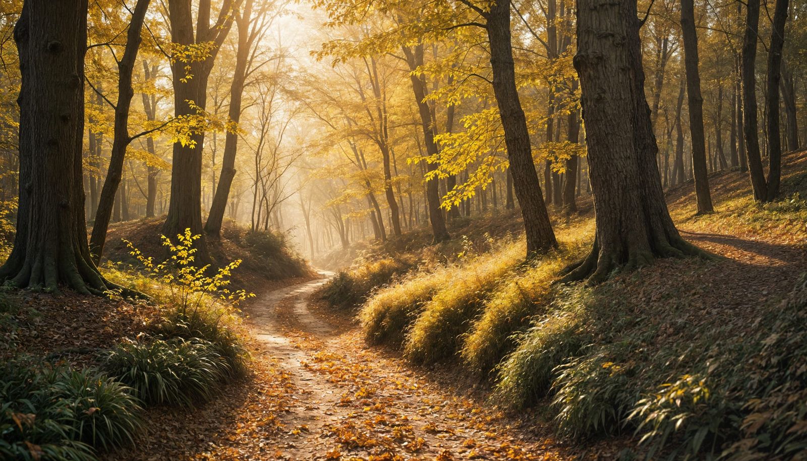 Forest Path in Warm Autumn Sunlight