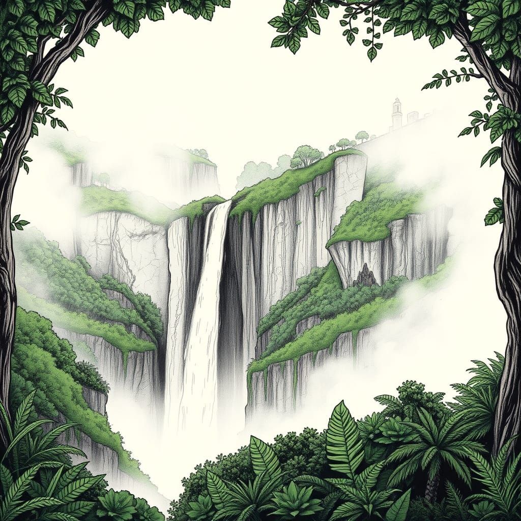 Detailed Ink Drawing of Victoria Falls