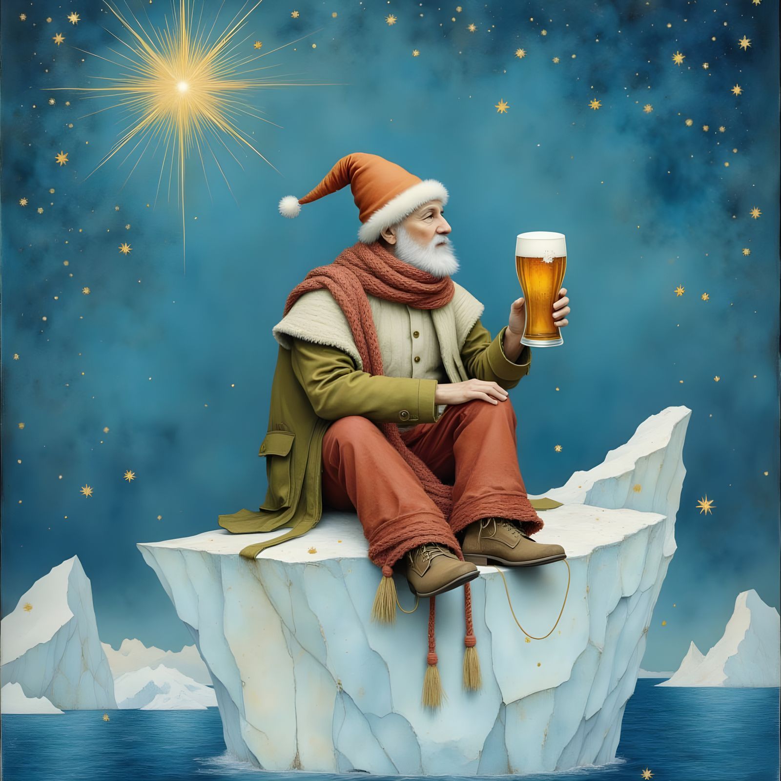 Christmas Spirit Sipping Beer on Iceberg Holiday