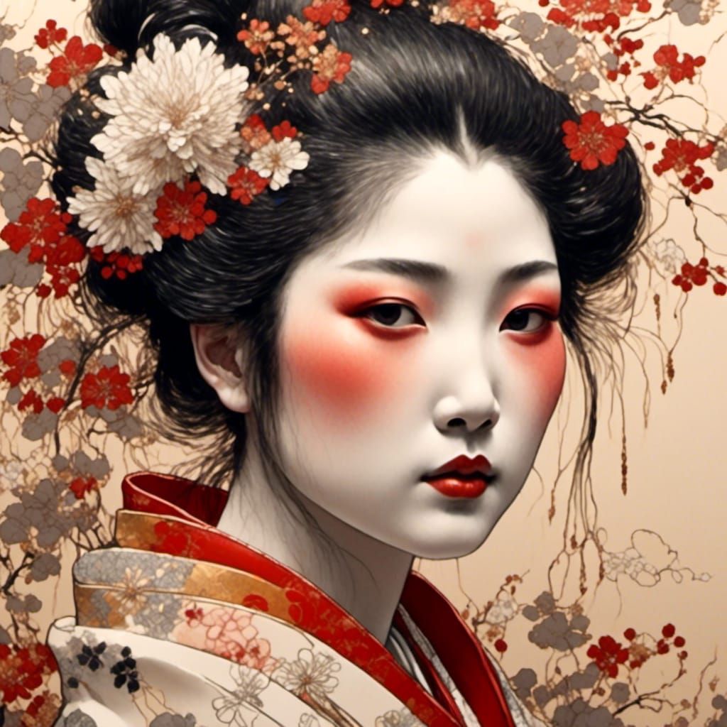 Ukiyo-e Portrait of Japanese Lady in Woodblock Style