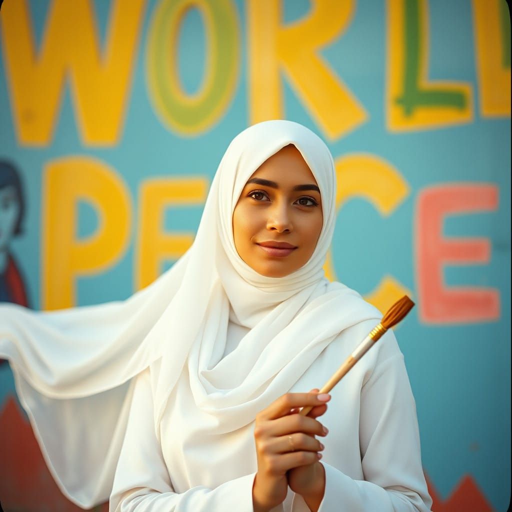 Elegant Muslim Woman Seeks World Peace in Vibrant Cinematic...