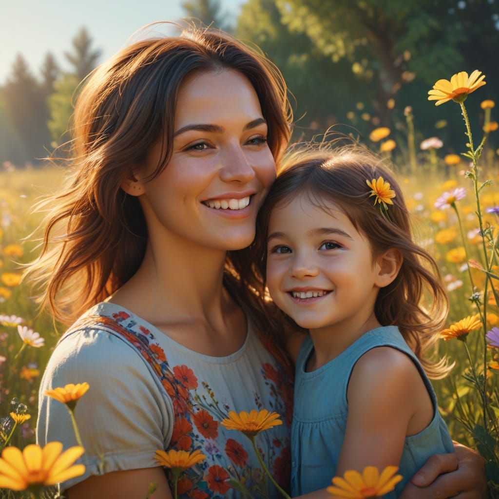 Happy Family in Sunny Meadow: Oil Painting