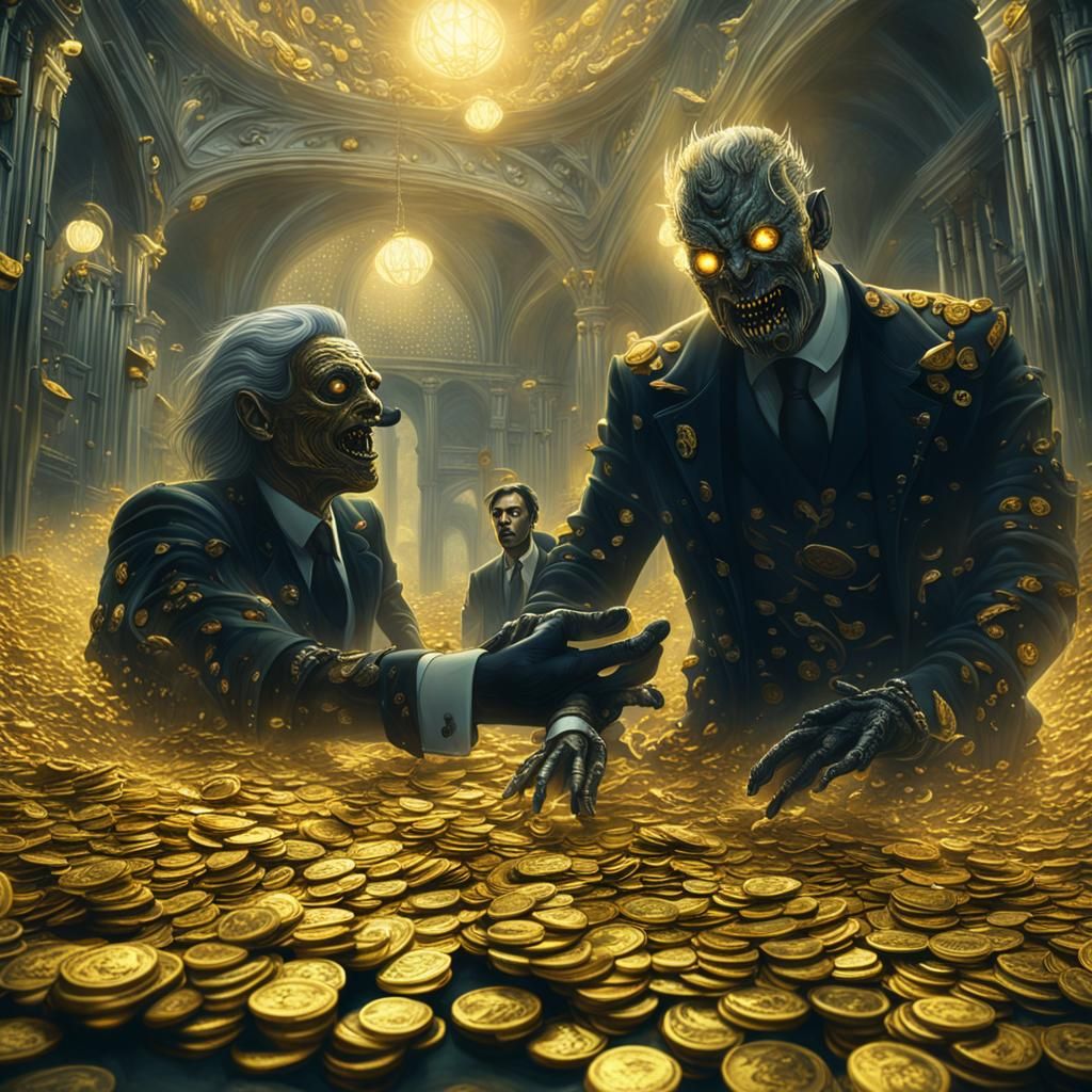 Demonic Executive Swimming in Gold: Dark Fantasy Art