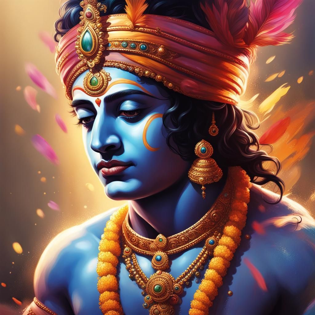 Hyperrealistic Krishna Portrait in Splash Art Style