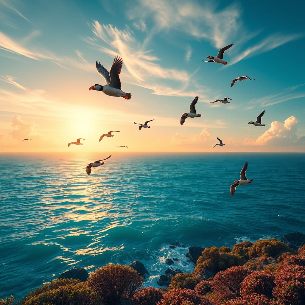Majestic Puffins Soar Above Turquoise Ocean in Cyberpunk-Ins...