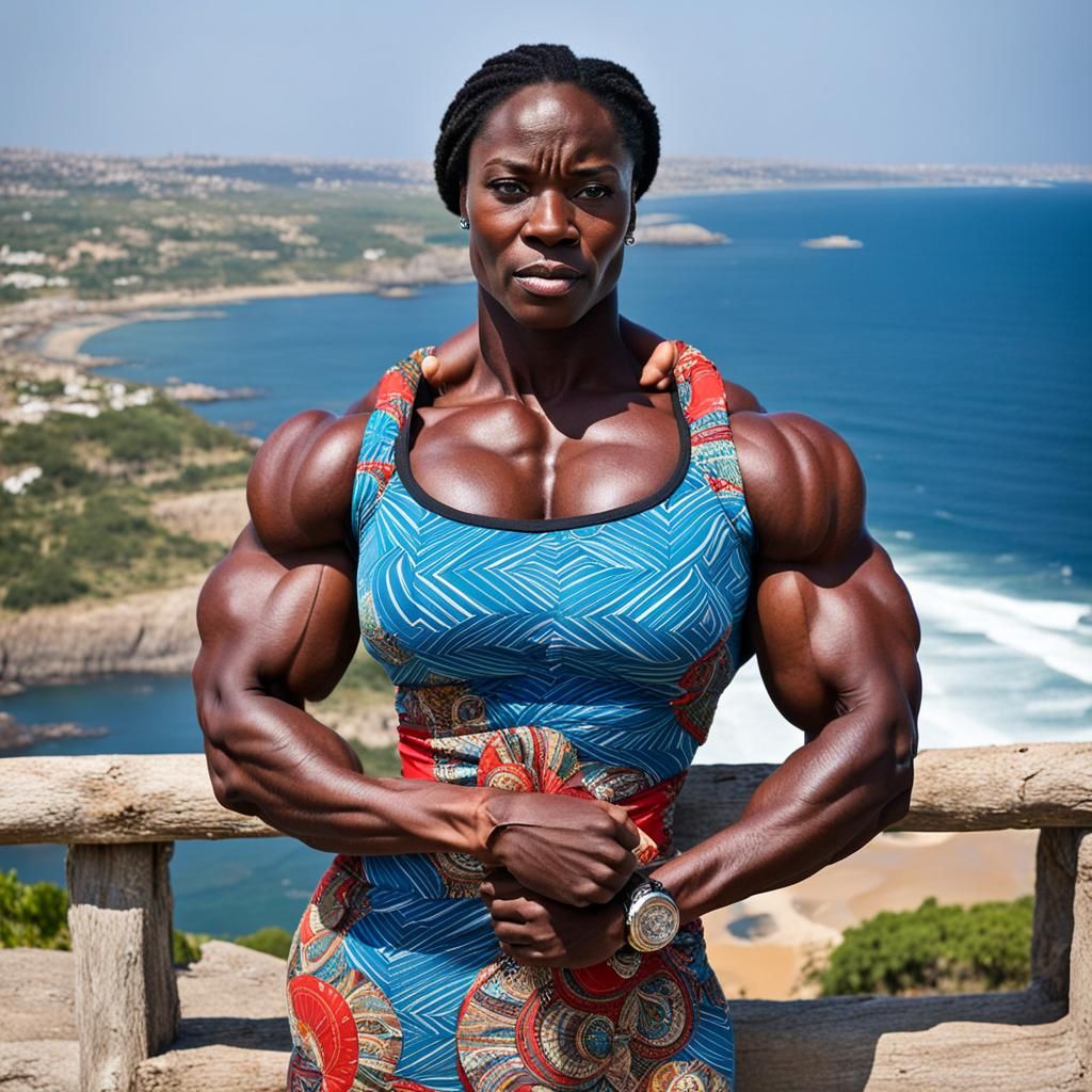 Muscular Woman on Cliffside in Photorealistic Style