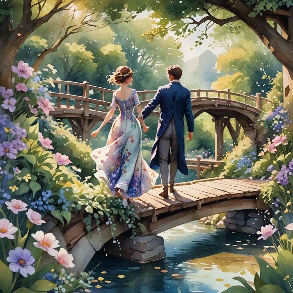 Figure Falls from Flower Bridge, Art Nouveau Style