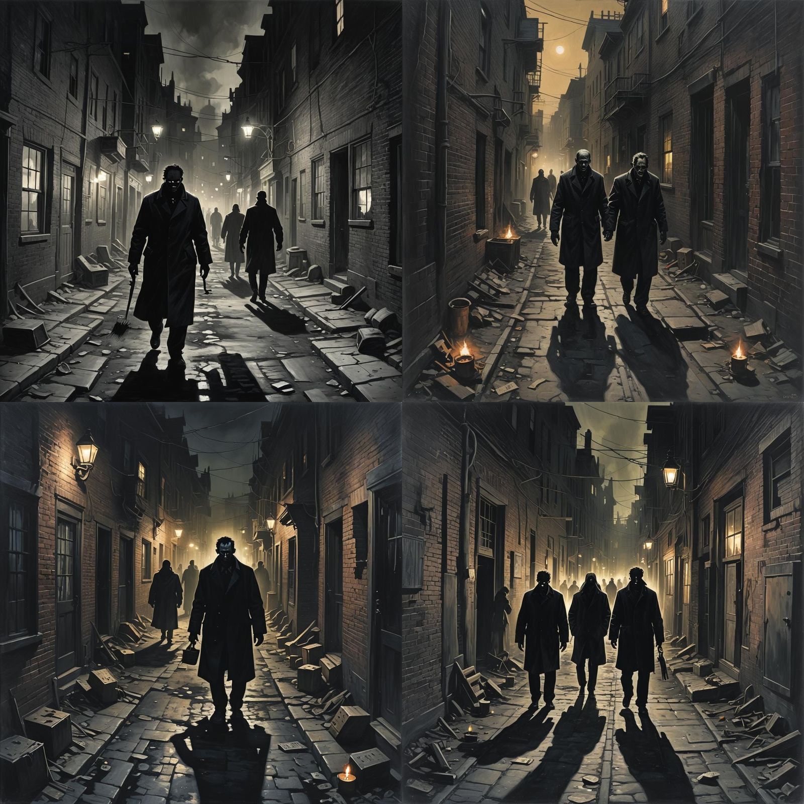 Creepy Dark Alley with Silhouettes, Sinister Ambiance