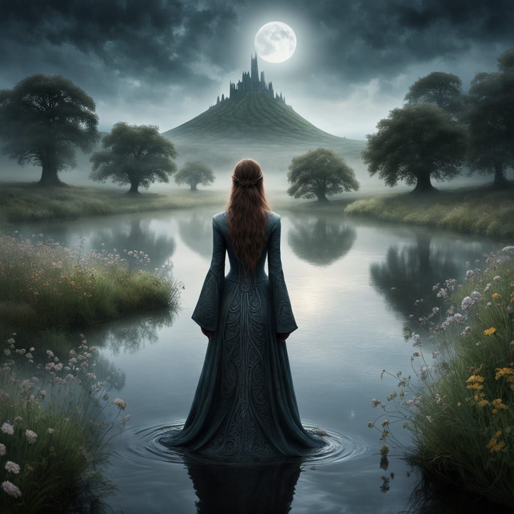 Mystical Woman Stands by Serene Glastonbury Lake