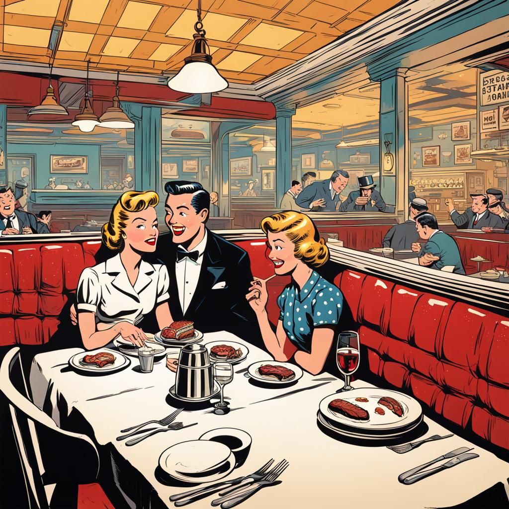 1950s Restaurant Steak Dinner Cartoon Comic Poster