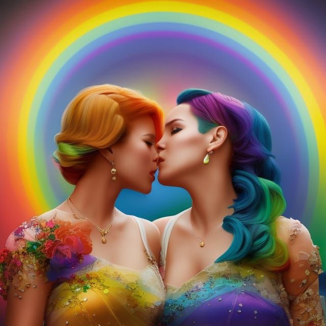 Rainbow Portrait of Lesbian Couple Kissing