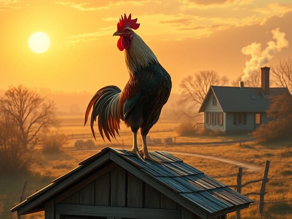 Proud Cockerel in Morning Sunlight, Chicken House, Farmhouse...