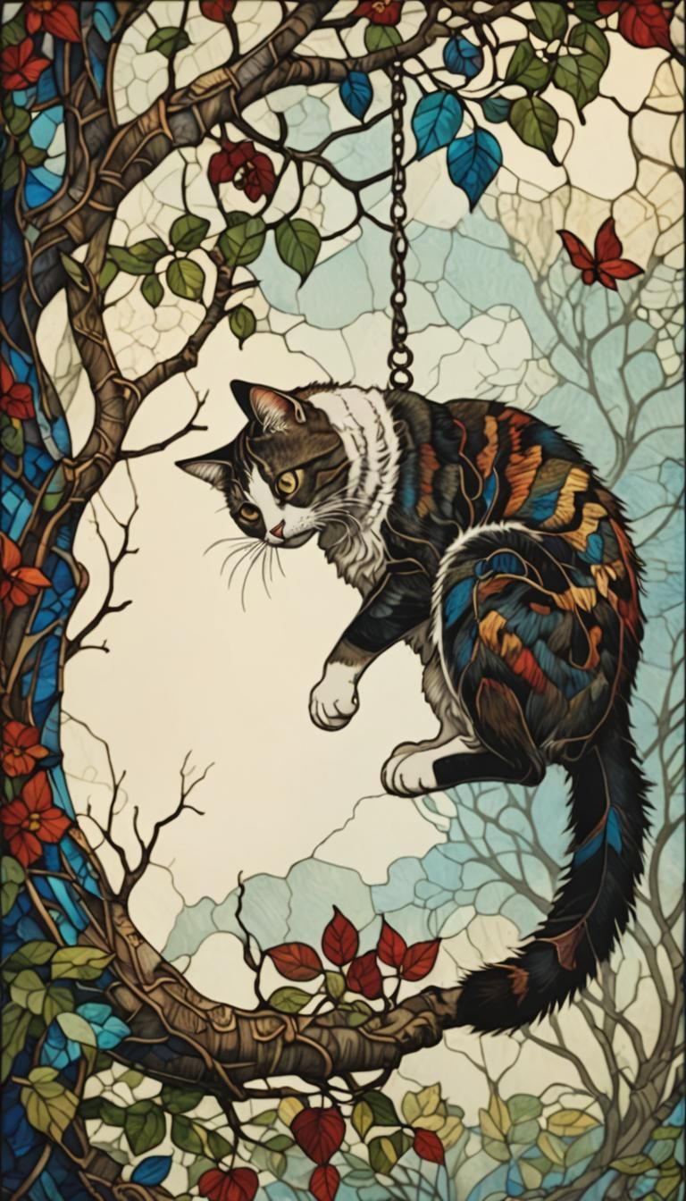 Ornate Etching of a Cat on a Branch