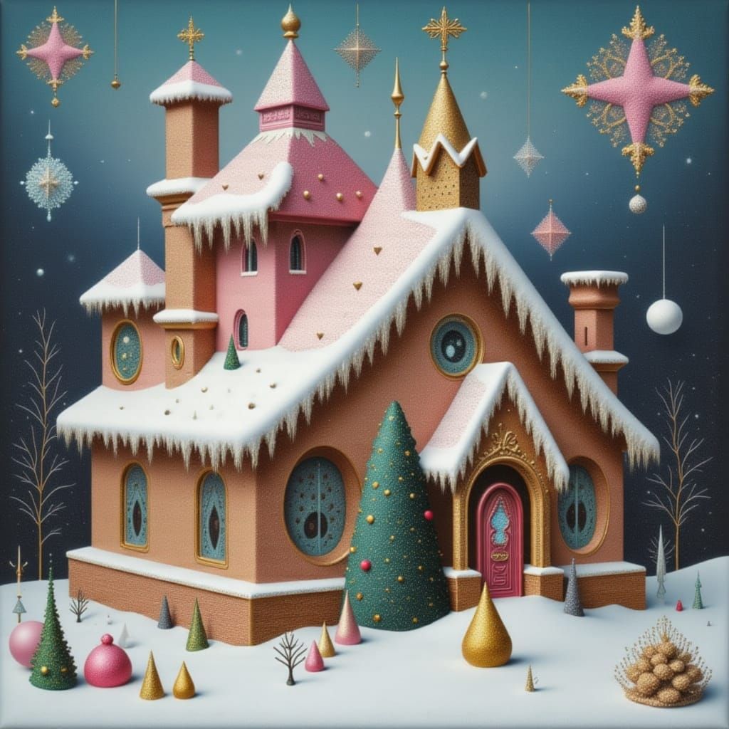 Whimsical Gingerbread House in Blush Pinks and Gold