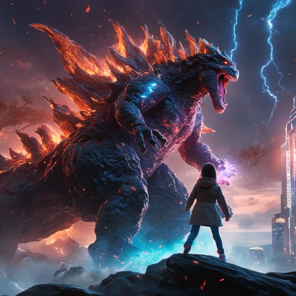 Bioluminescent Godzilla Battles Superhero in 3D Rendering