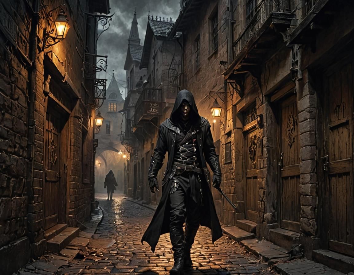 Dark Hooded Figure in Gothic Noir Tavern