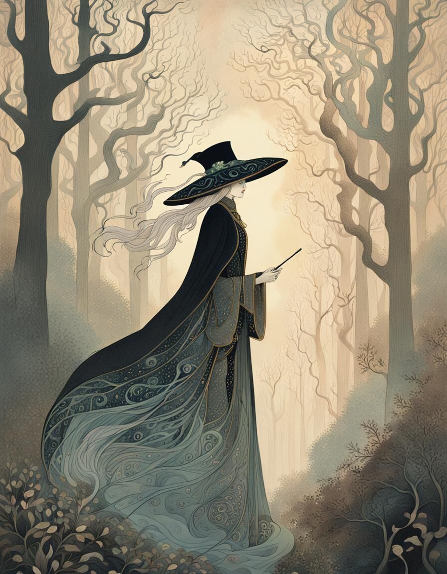 Ethereal Victorian Lady Strolls through Mystical Forest in D...