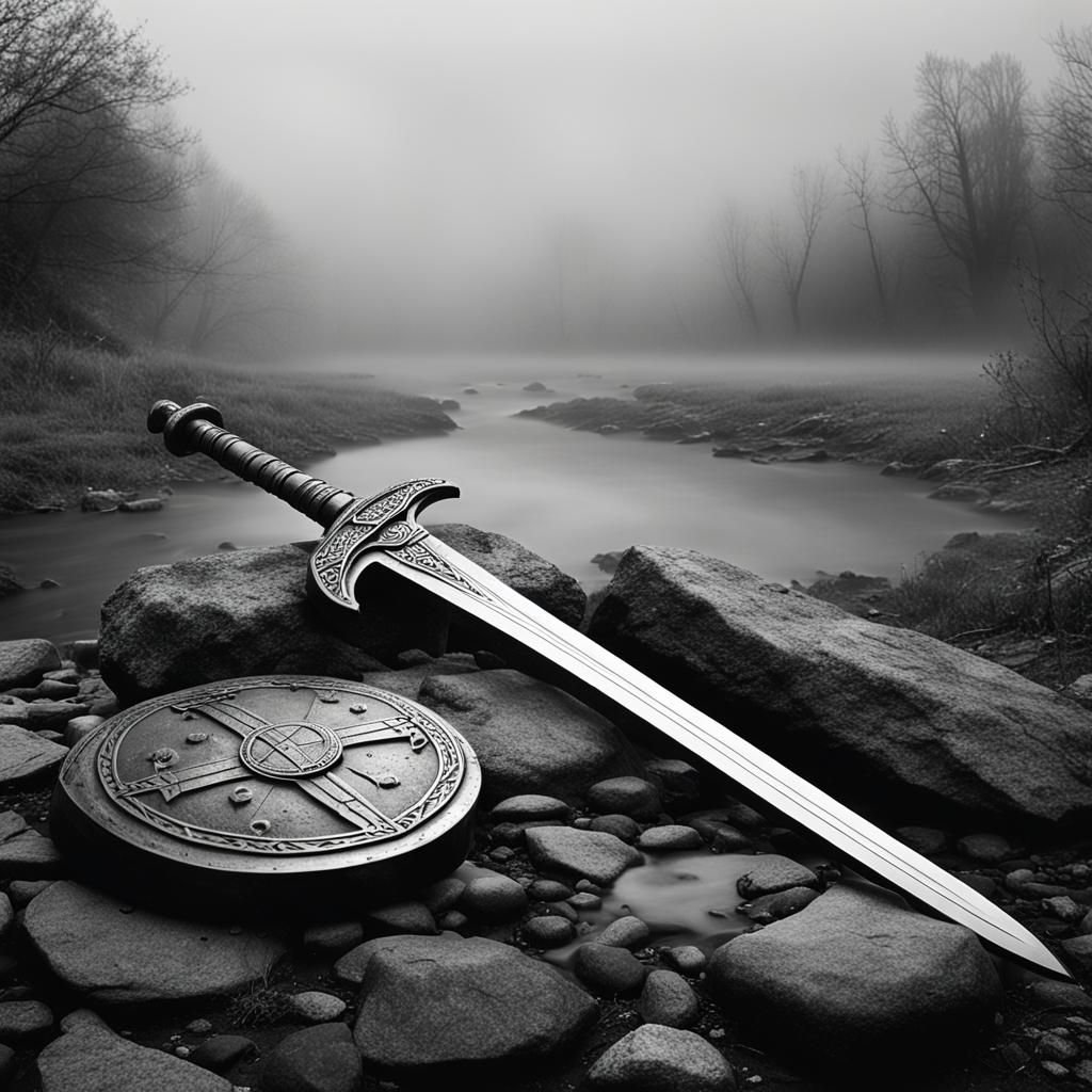 Templar Sword and Shield on Foggy Battlefield
