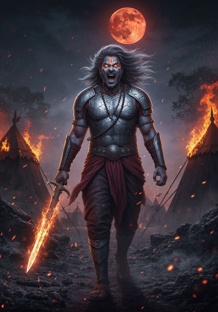 Warrior in Ruined Camp with Glowing Sword