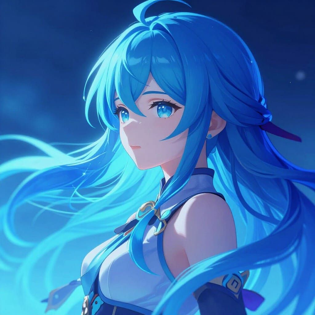 Anime Girl with Flowing Blue Hair in Ethereal Light