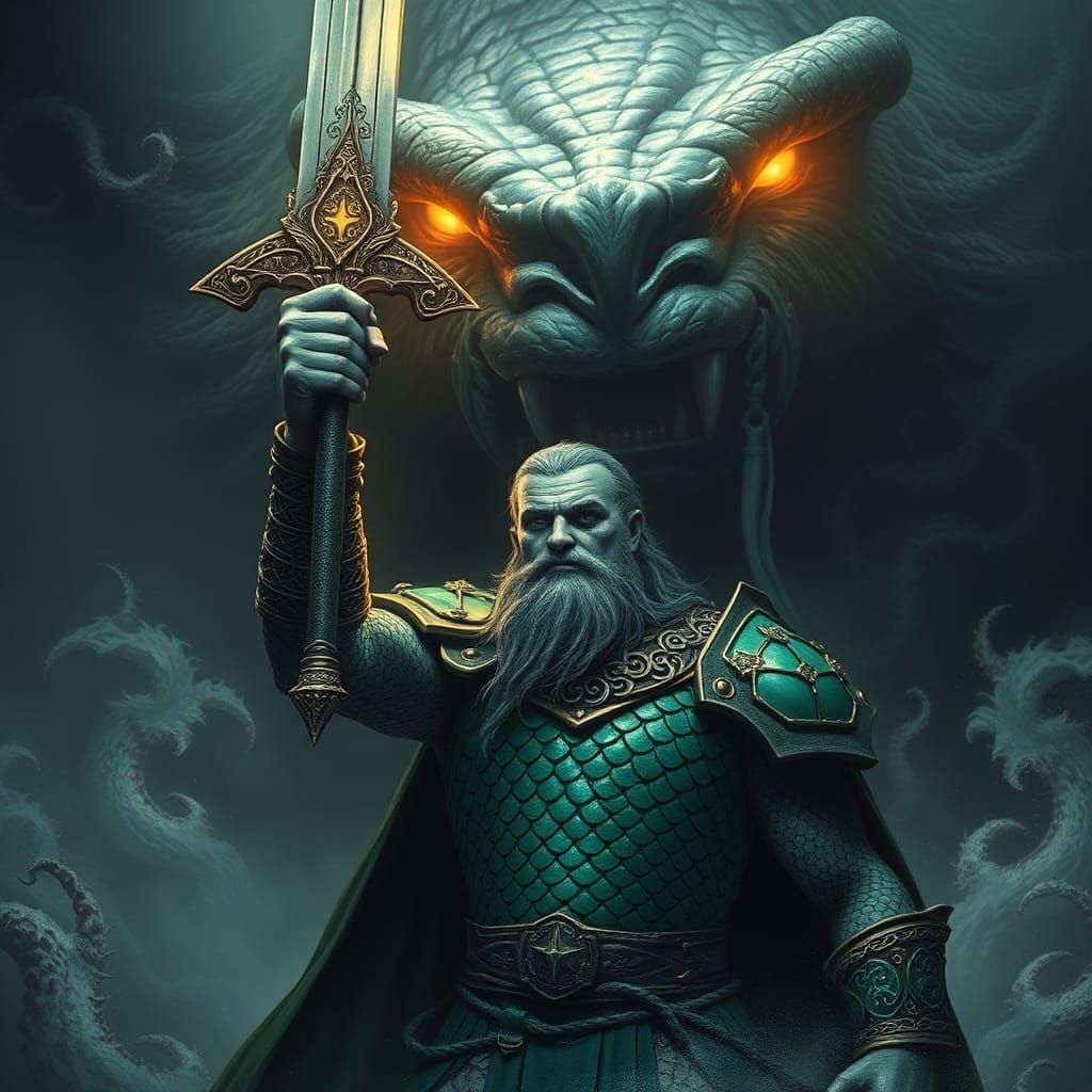 Celtic Selkie Warrior Confronts Beast, Fantasy Art