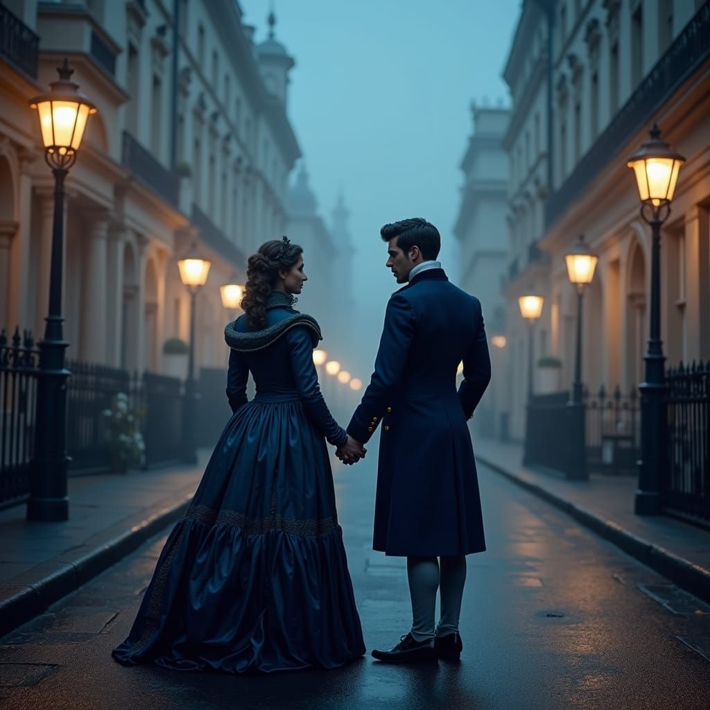 Regency Couple Meet on Misty Mayfair Street