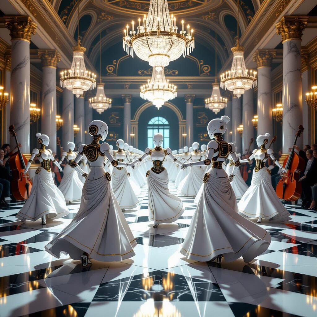 Grand Ballroom of Dancing Automatons in Hyperreal Style
