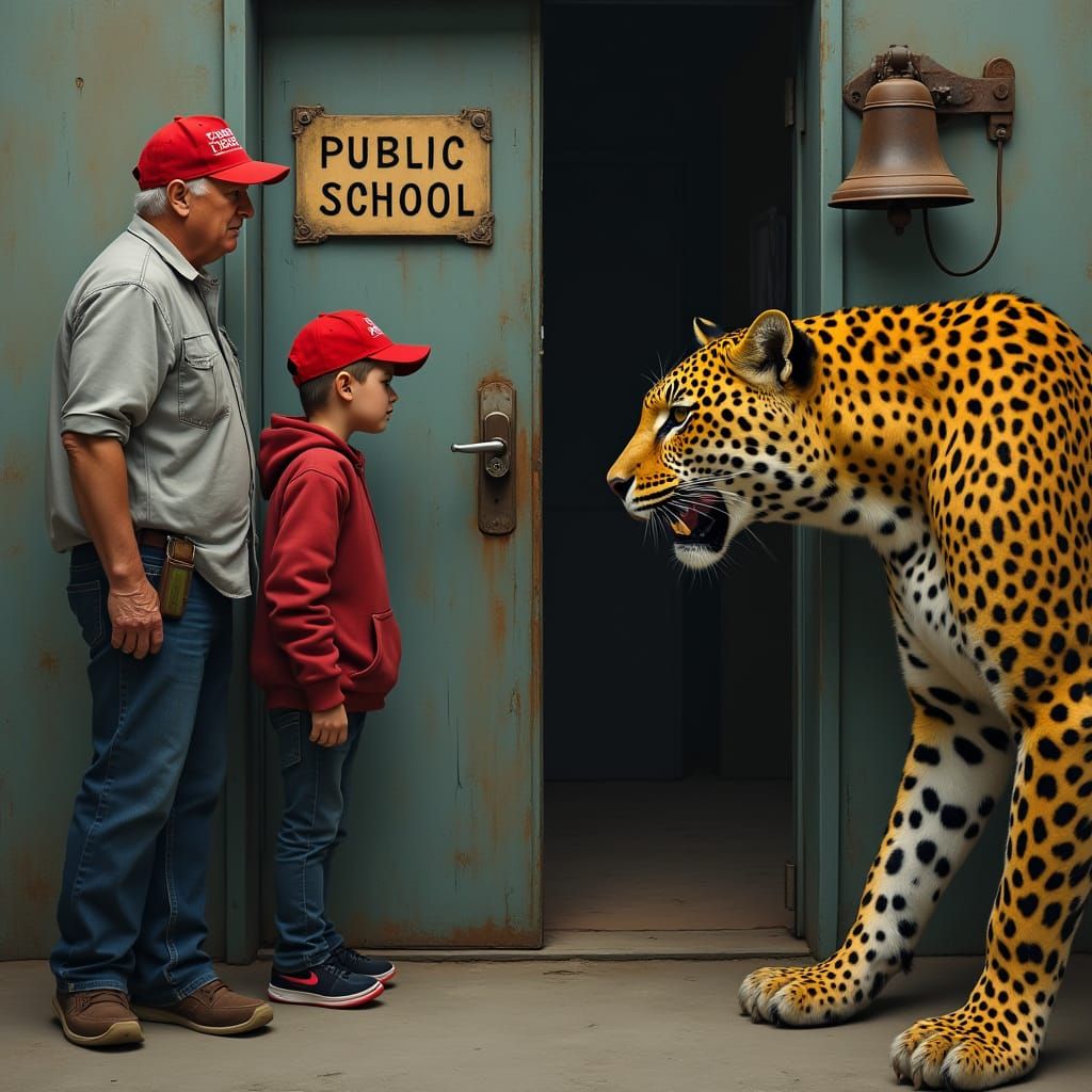 Nervous Father and Son Stand Before a Locked Public School D...