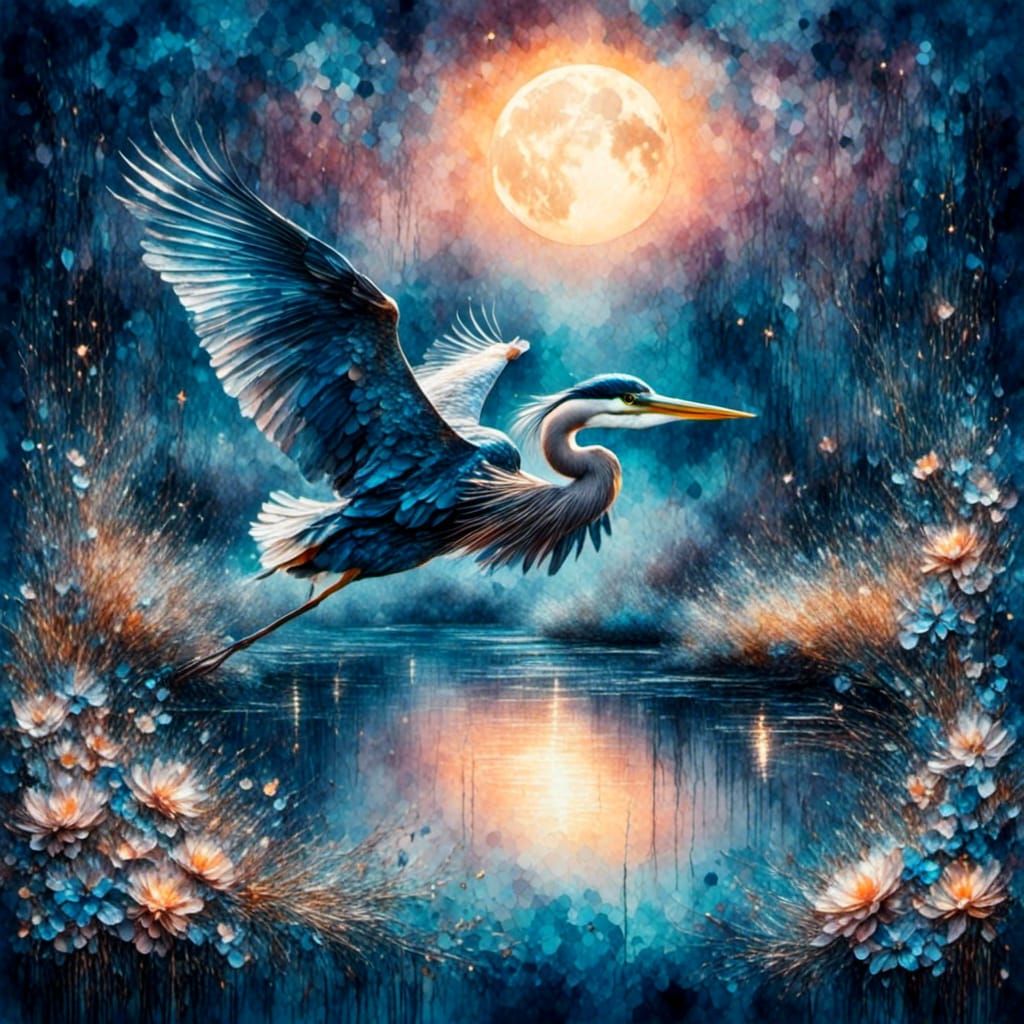 Blue Heron in Flight Under Moonlight: Photorealistic 3D Rend...