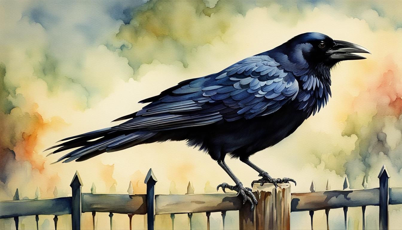 Crow on Fence in Romantic Watercolor Style