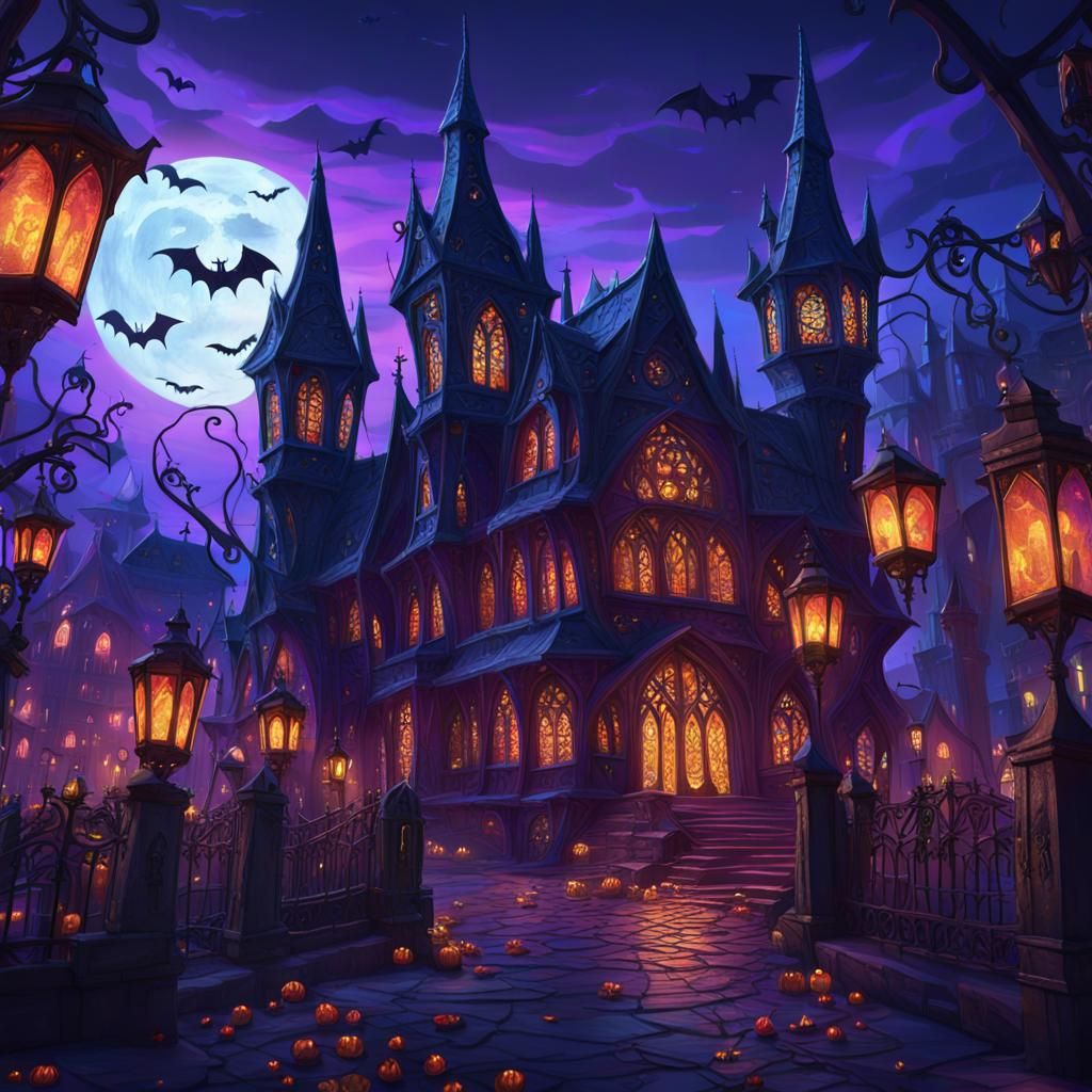 Spooky Halloween Town: Gothic Architecture in Oil Painting