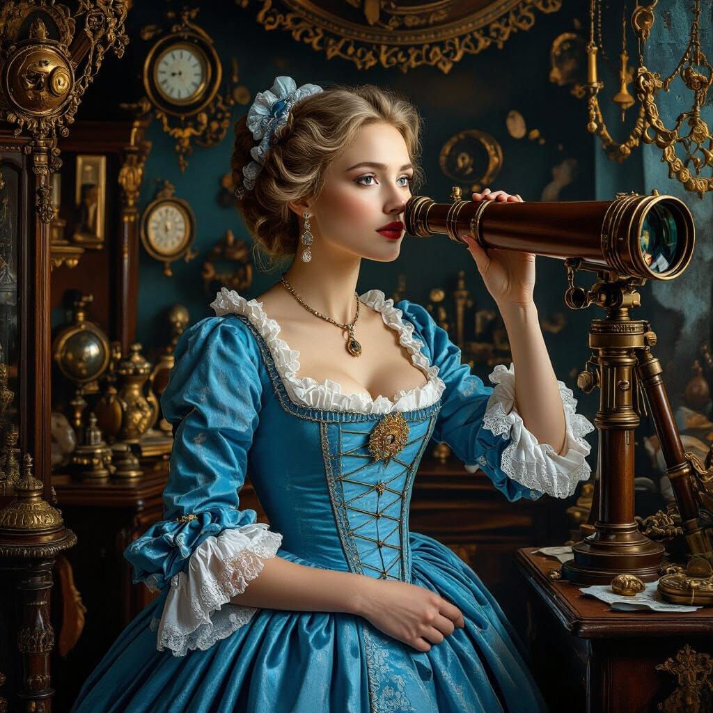 Woman in Falbala Dress in Detailed Matte Painting Style