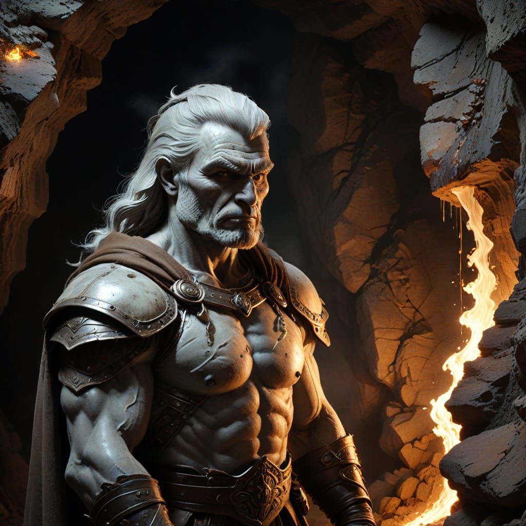 Man Escaping Cyclops in Cave, Fantasy Art Style