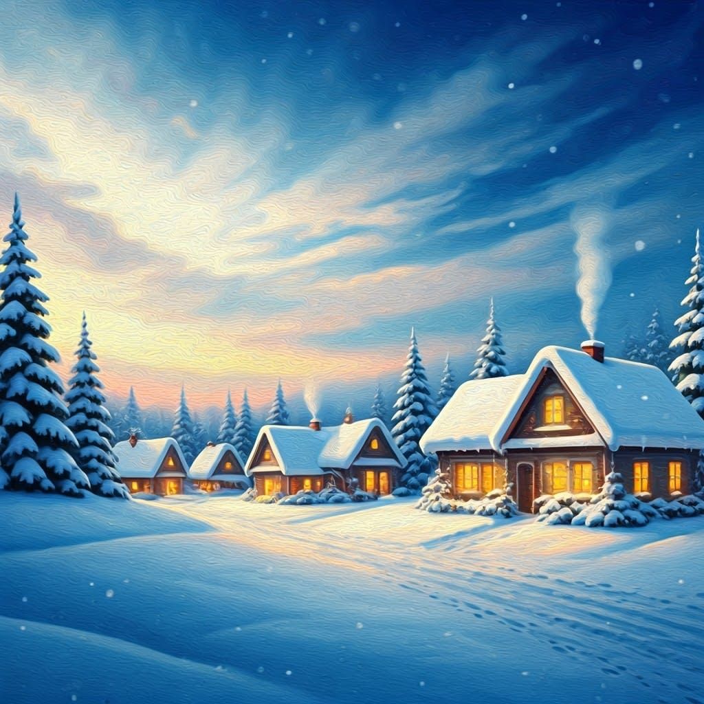 Idyllic Winter Village in Snow, Ethereal Light