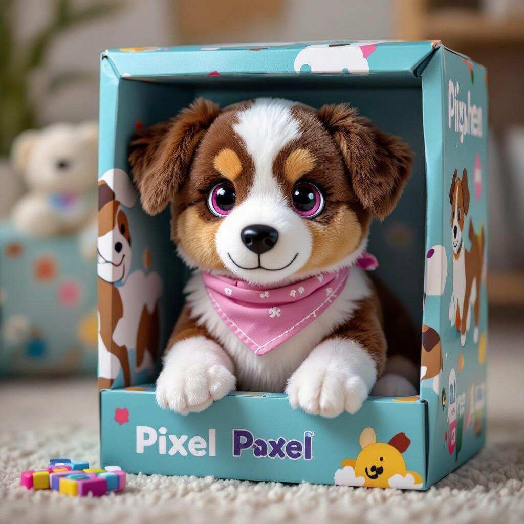 Robotic Border Collie Puppy Plush Toy in Toy Box
